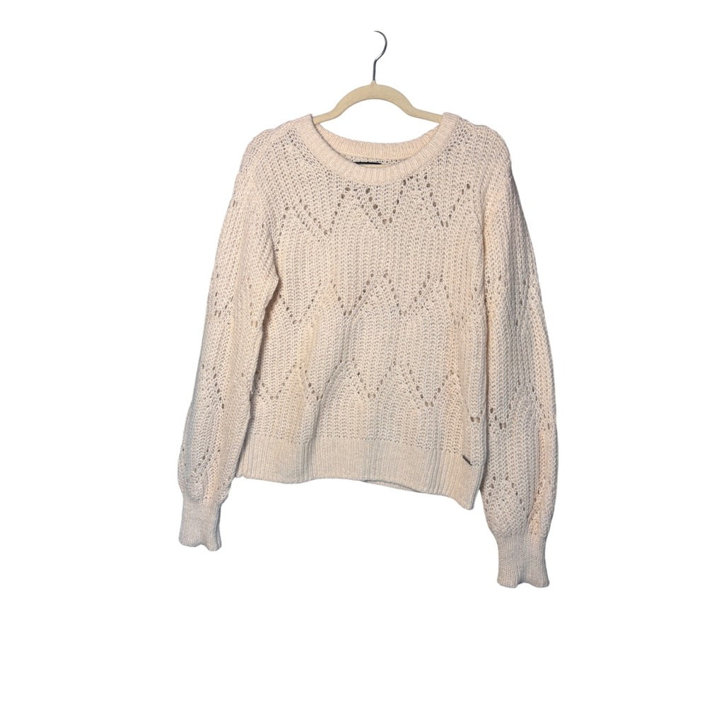 Abercrombie & Fitch Womens Sweater L Cream Pointelle Knit Wool Alpaca Boho Cozy